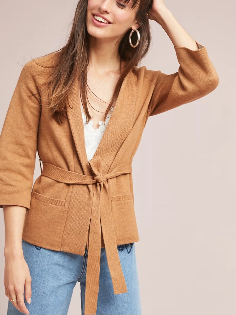 Moth by Anthropologie Belted Two-Toned Sweater Coat Cardigan - Camel/Grey SMALL